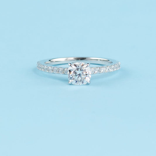 Cushion Cut Moissanite Engagement Ring Set in 9ct White Gold