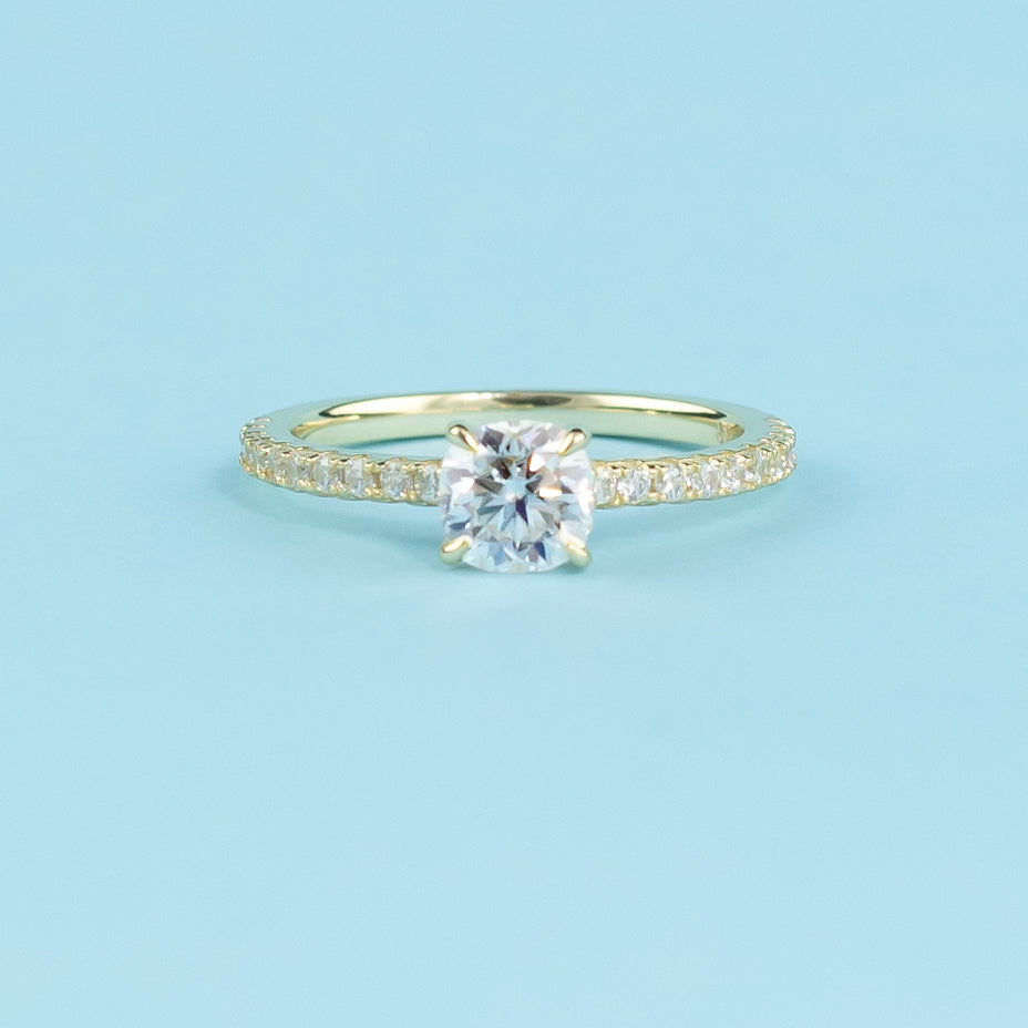 Cushion Cut Moissanite Engagement Ring Set in 9ct Yellow Gold