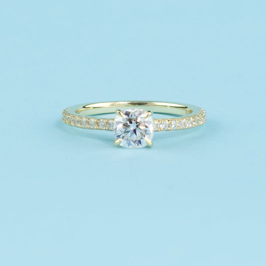 Cushion Cut Moissanite Engagement Ring Set in 9ct Yellow Gold