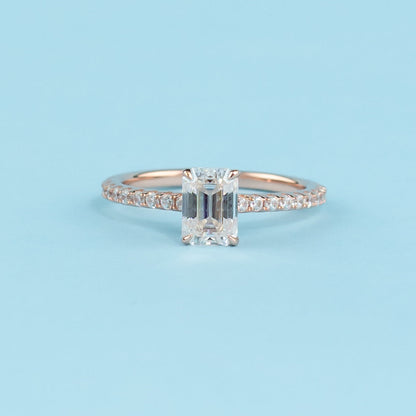 Emerald Cut Moissanite Engagement Ring Set in 9ct Rose Gold
