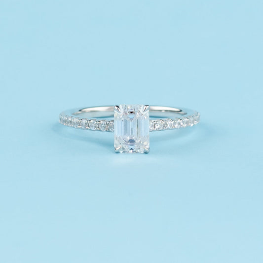 Emerald Cut Moissanite Engagement Ring Set in 9ct White Gold