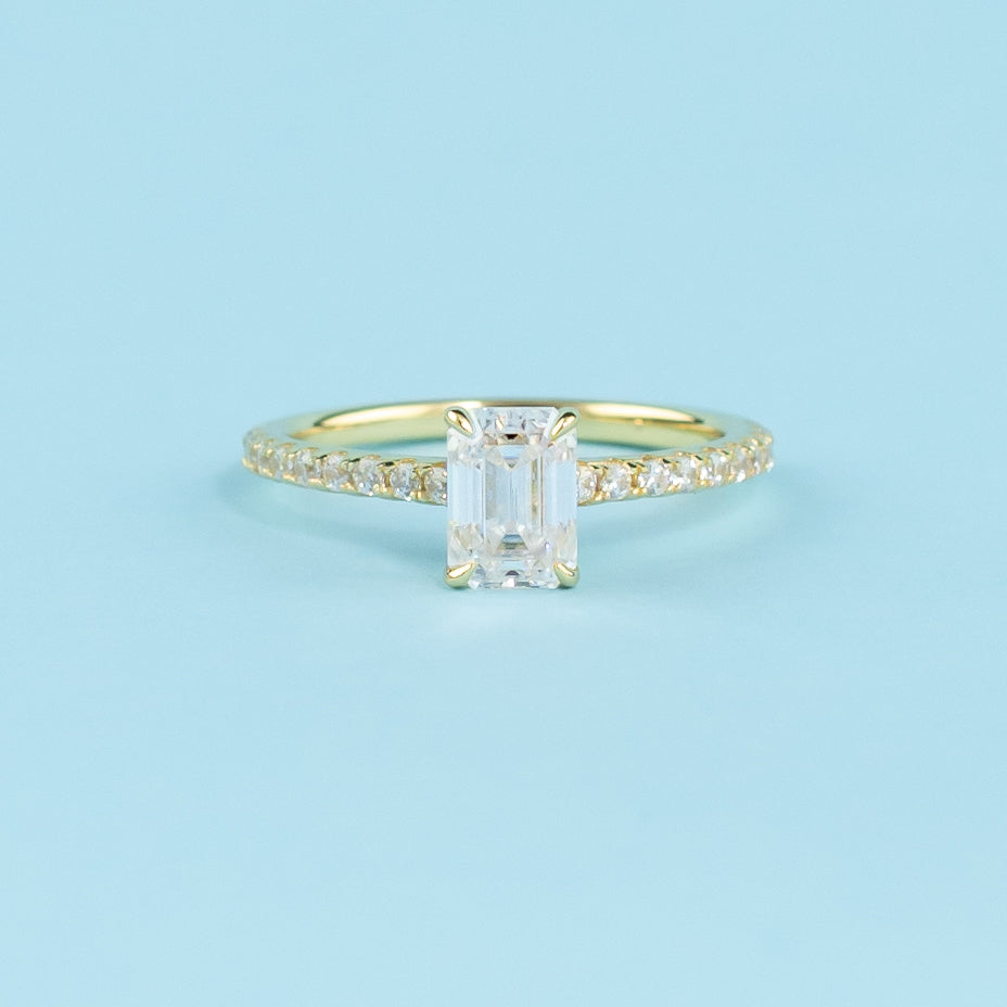 Emerald Cut Moissanite Engagement Ring Set in 9ct Yellow Gold