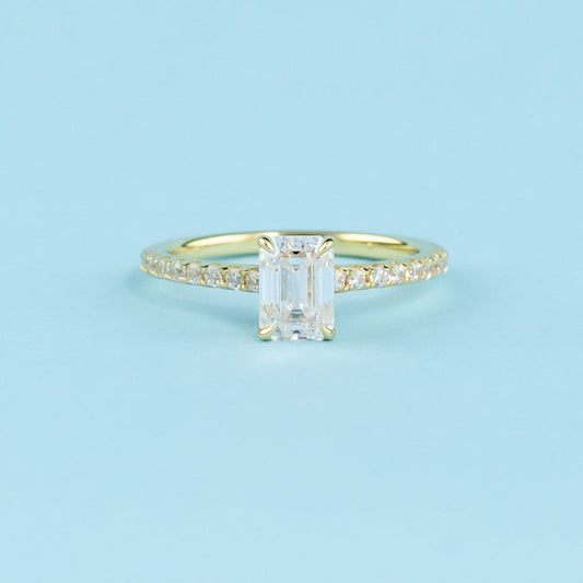 Emerald Cut Moissanite Engagement Ring Set in 9ct Yellow Gold