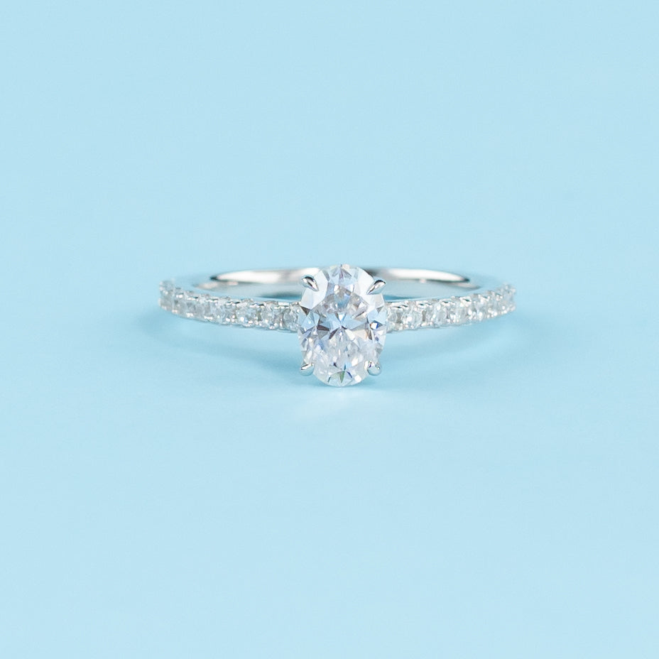 Oval Cut Moissanite Engagement Ring Set in 9ct White Gold