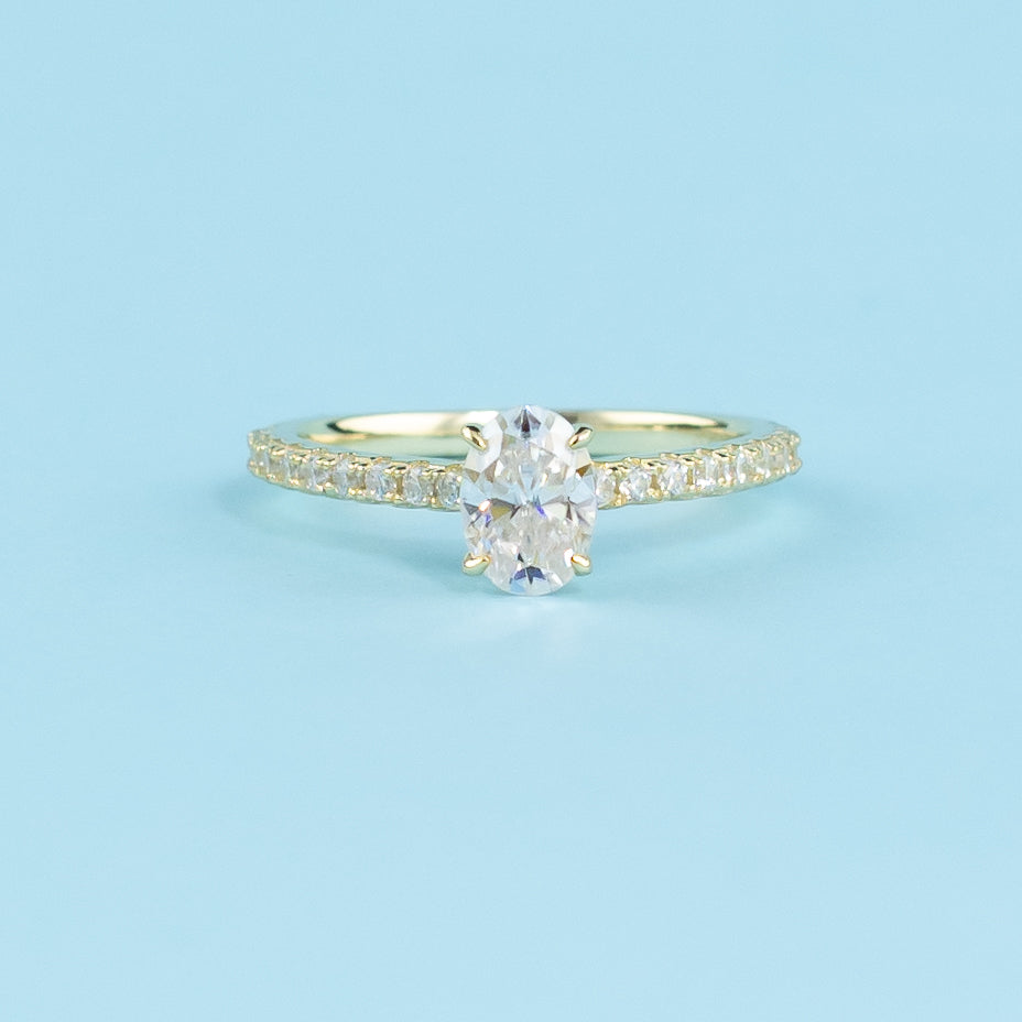 Oval Cut Moissanite Engagement Ring Set in 9ct Yellow Gold