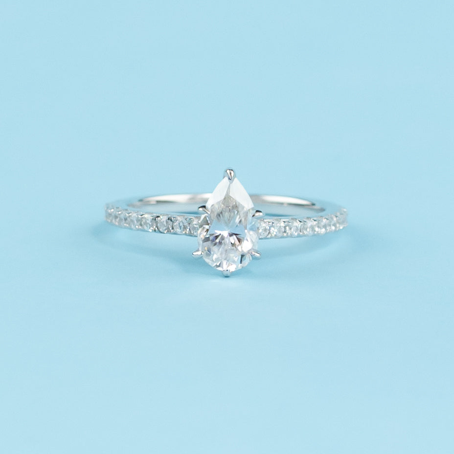 Pear Shape Moissanite Engagement Ring Set in 9ct White Gold