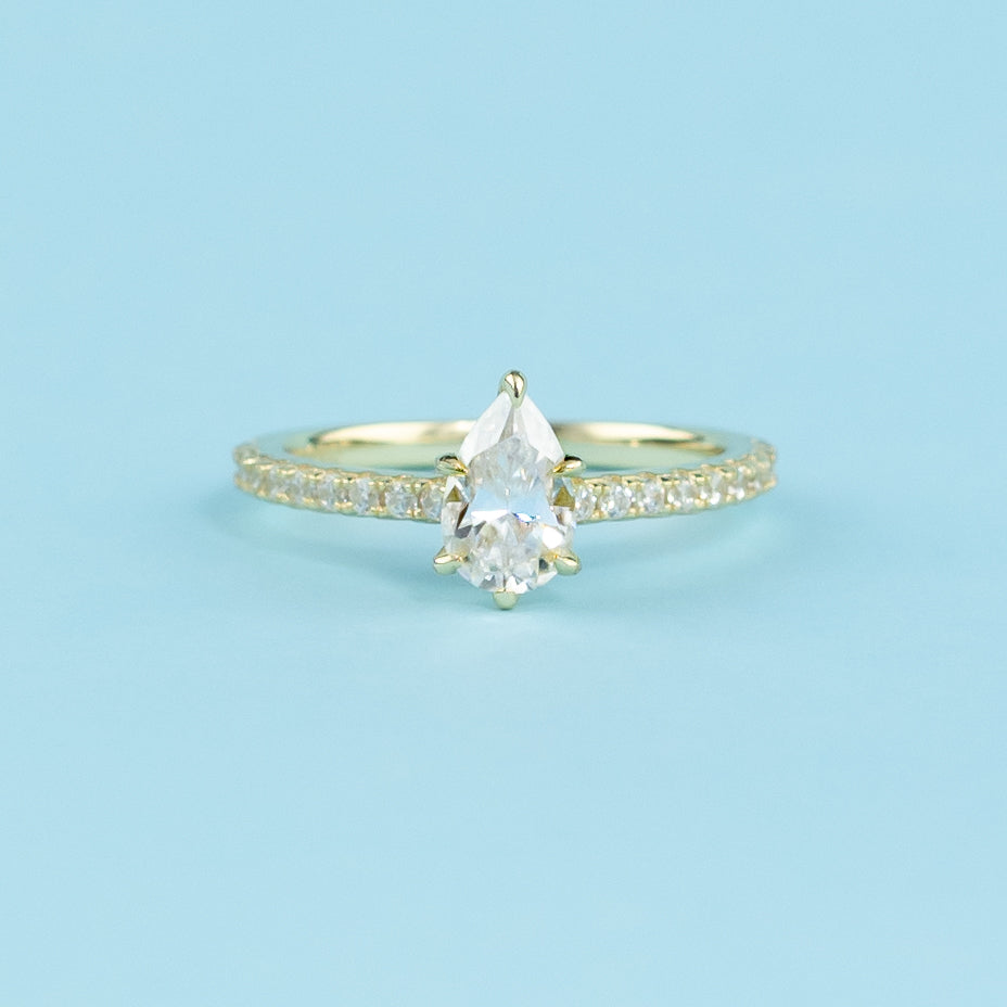 Pear Shape Moissanite Engagement Ring Set in 9ct Yellow Gold