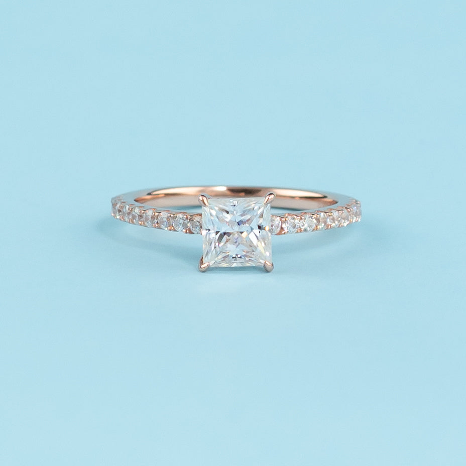 Princess Cut Moissanite Engagement Ring Set in 9ct Rose Gold