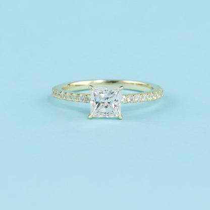 Princess Cut Moissanite Engagement Ring Set in 9ct Yellow Gold