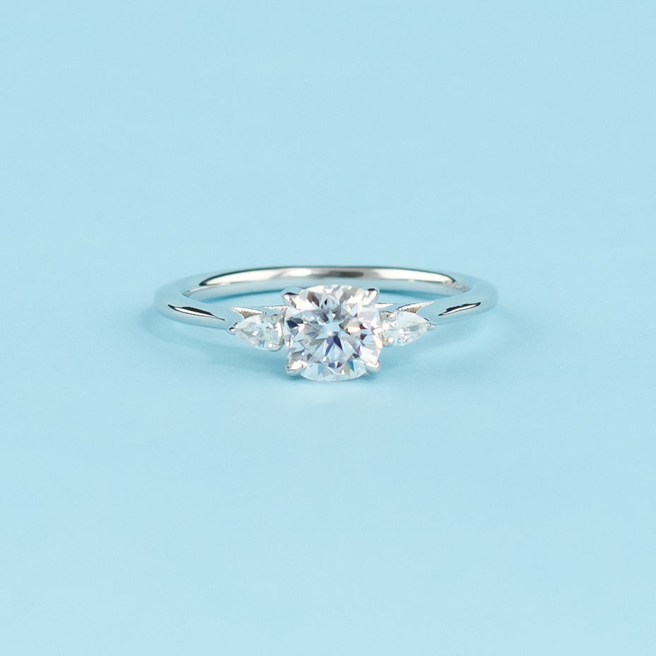 Trinity Cushion Cut Moissanite Engagement Ring Set in 9ct White Gold