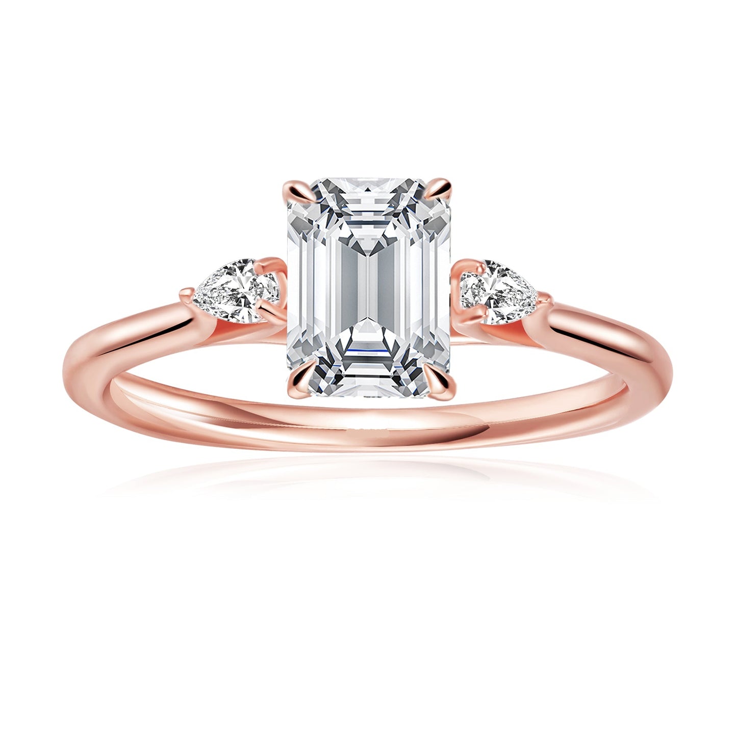 Trinity Emerald Cut Moissanite Engagement Ring Set in 9ct Rose Gold
