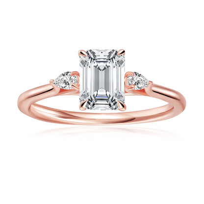 Trinity Emerald Cut Moissanite Engagement Ring Set in 9ct Rose Gold