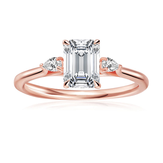 Trinity Emerald Cut Moissanite Engagement Ring Set in 9ct Rose Gold