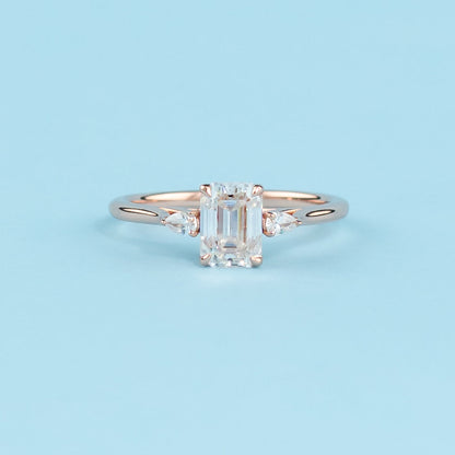 Trinity Emerald Cut Moissanite Engagement Ring Set in 9ct Rose Gold
