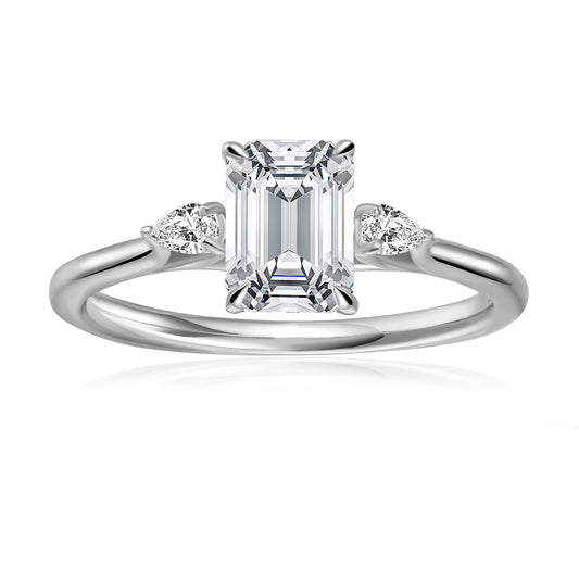 Trinity Emerald Cut Moissanite Engagement Ring Set in 9ct White Gold