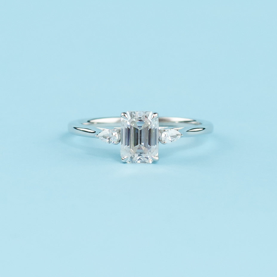 Trinity Emerald Cut Moissanite Engagement Ring Set in 9ct White Gold