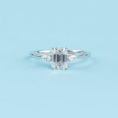 Trinity Emerald Cut Moissanite Engagement Ring Set in 9ct White Gold