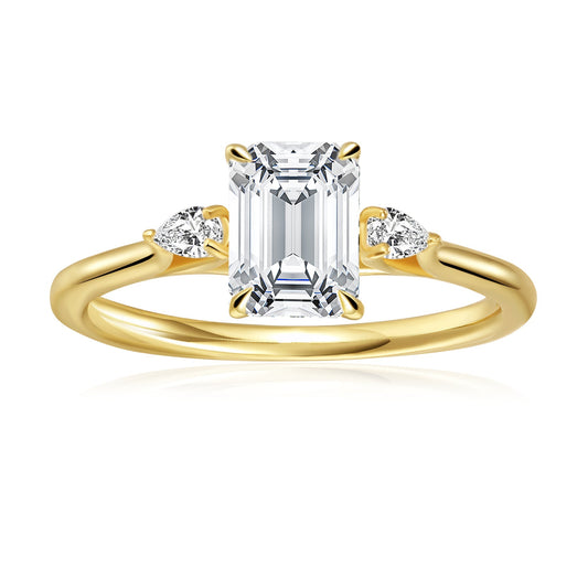 Trinity Emerald Cut Moissanite Engagement Ring Set in 9ct Yellow Gold