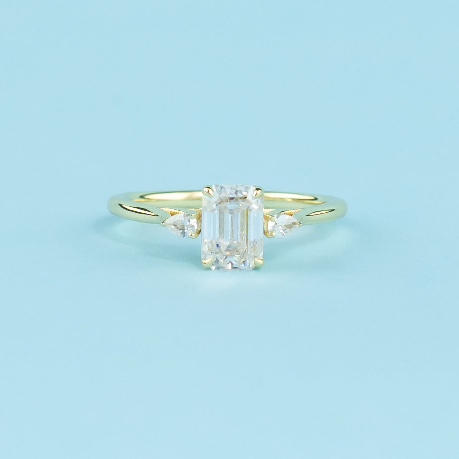 Trinity Emerald Cut Moissanite Engagement Ring Set in 9ct Yellow Gold