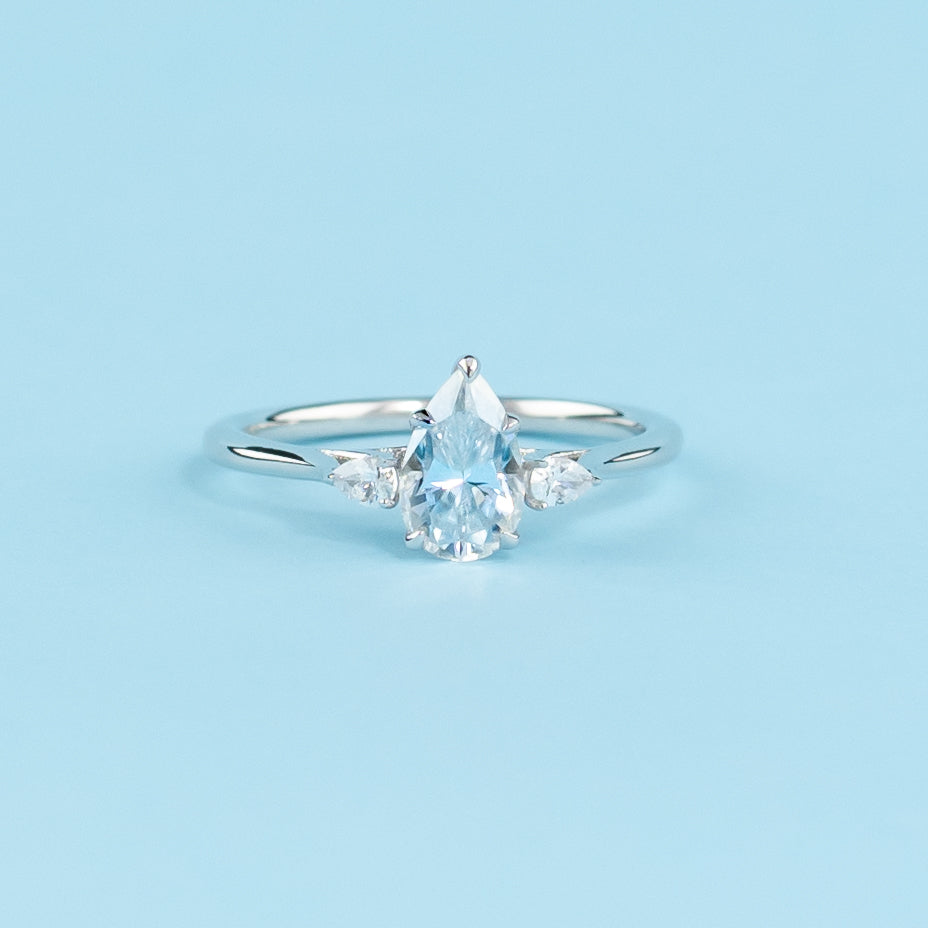 Trinity Pear Shape Moissanite Engagement Ring Set in 9ct White Gold
