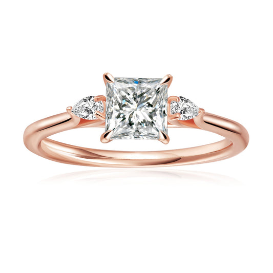 Trinity Princess Cut Moissanite Engagement Ring Set in 9ct Rose Gold