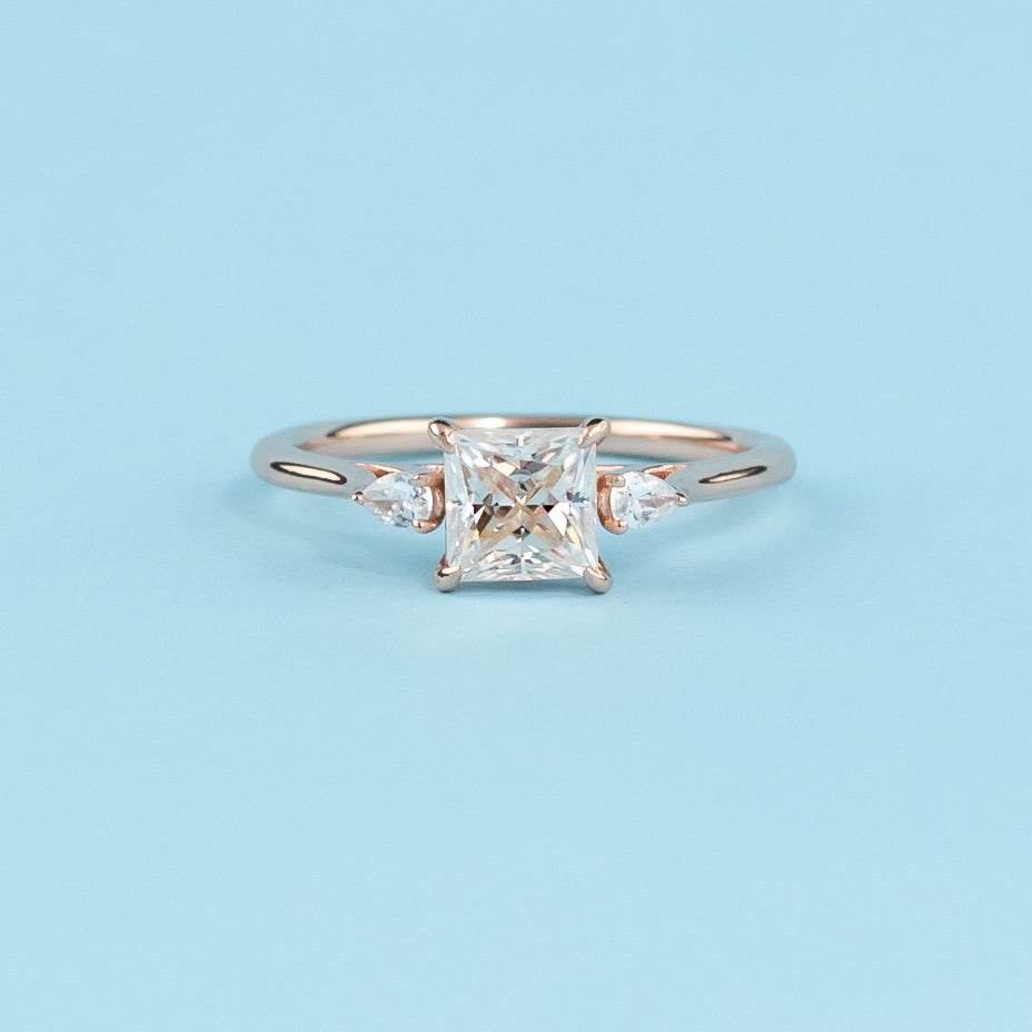 Trinity Princess Cut Moissanite Engagement Ring Set in 9ct Rose Gold