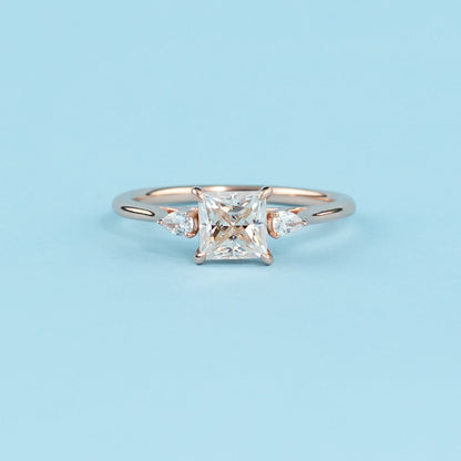 Trinity Princess Cut Moissanite Engagement Ring Set in 9ct Rose Gold