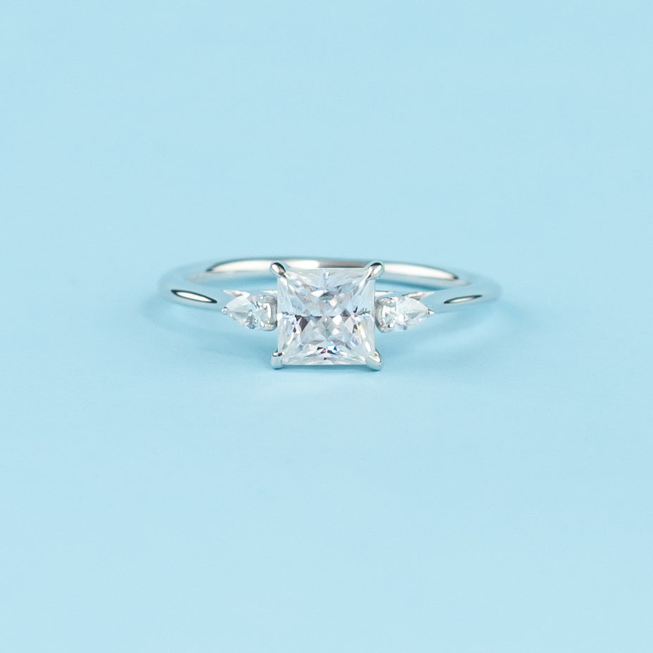 Trinity Princess Cut Moissanite Engagement Ring Set in 9ct White Gold