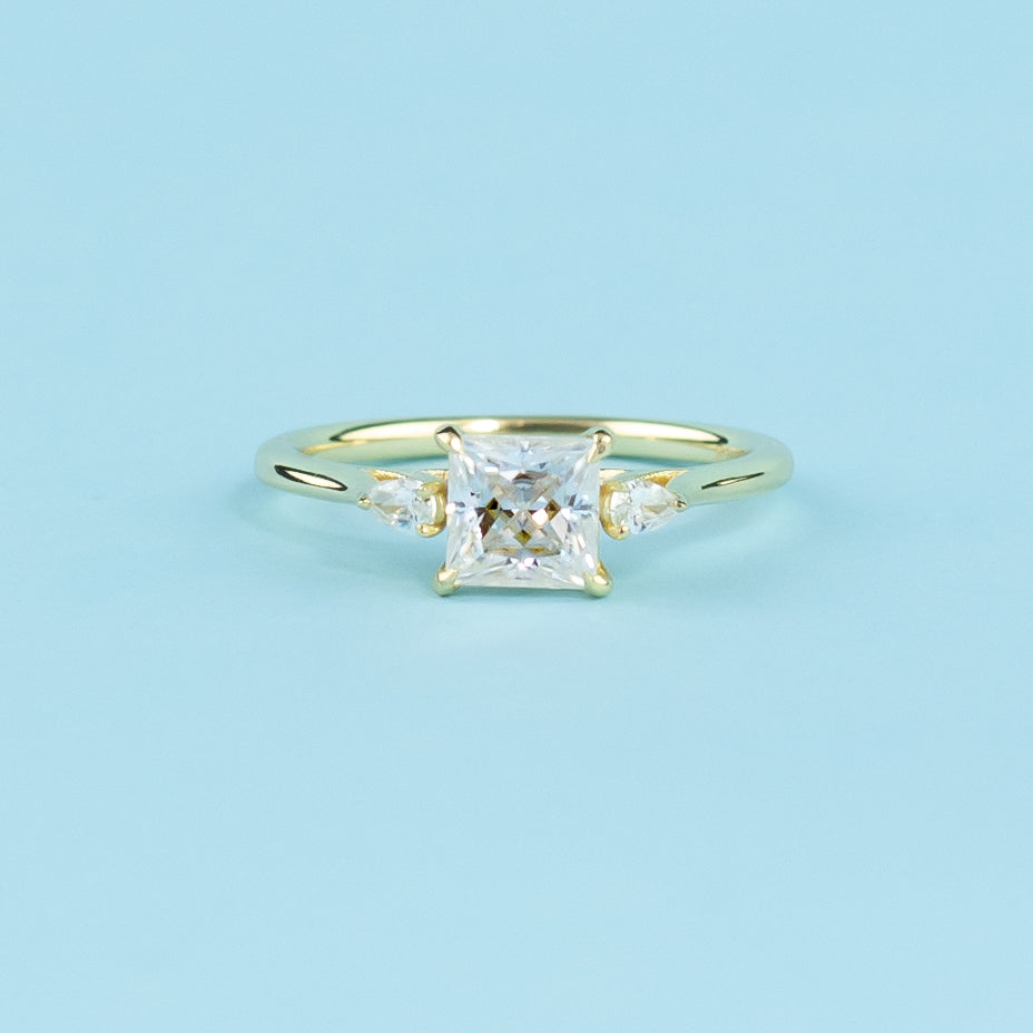 Trinity Princess Cut Moissanite Engagement Ring Set in 9ct Yellow Gold