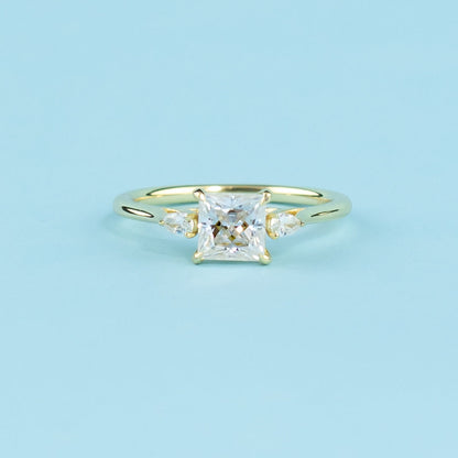 Trinity Princess Cut Moissanite Engagement Ring Set in 9ct Yellow Gold