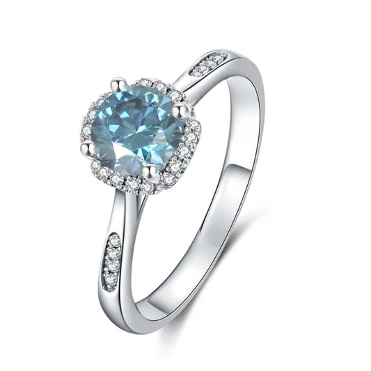 Luxe Halo 1.00ct Blue Moissanite Engagement Ring Set in Sterling Silver