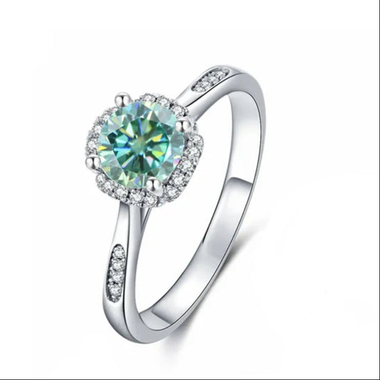 Luxe Halo 1.00ct Green Moissanite Engagement Ring Set in Sterling Silver
