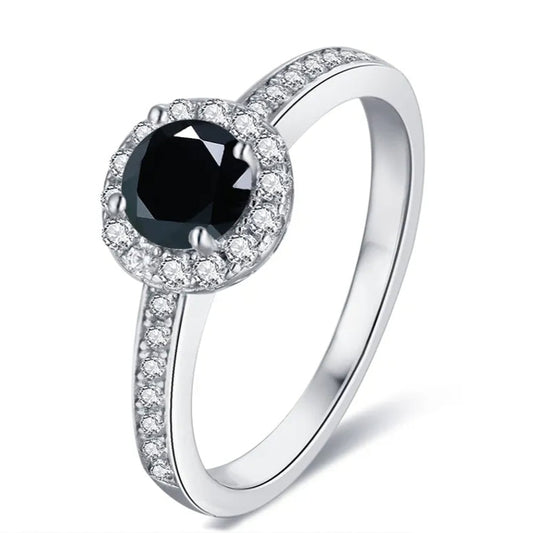 Pave Halo 0.50ct Black Moissanite Engagement Ring Set in Sterling Silver