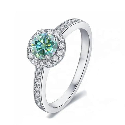 Pave Halo 0.50ct Green Moissanite Engagement Ring Set in Sterling Silver