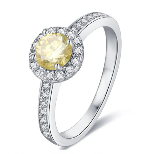 Pave Halo 0.50ct Yellow Moissanite Engagement Ring Set in Sterling Silver