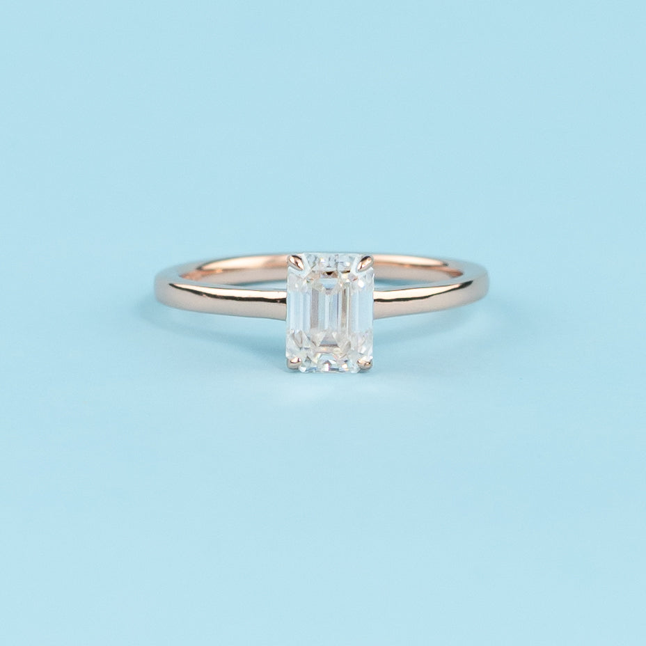 Hidden Halo Emerald Cut Moissanite Engagement Ring Set in 9ct Rose Gold