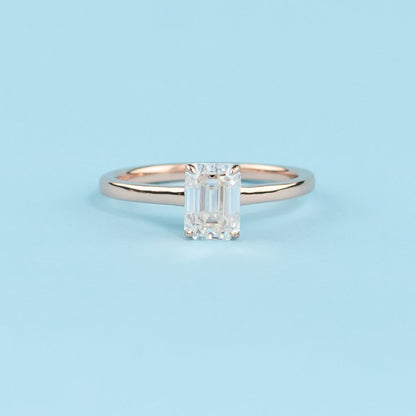 Hidden Halo Emerald Cut Moissanite Engagement Ring Set in 9ct Rose Gold