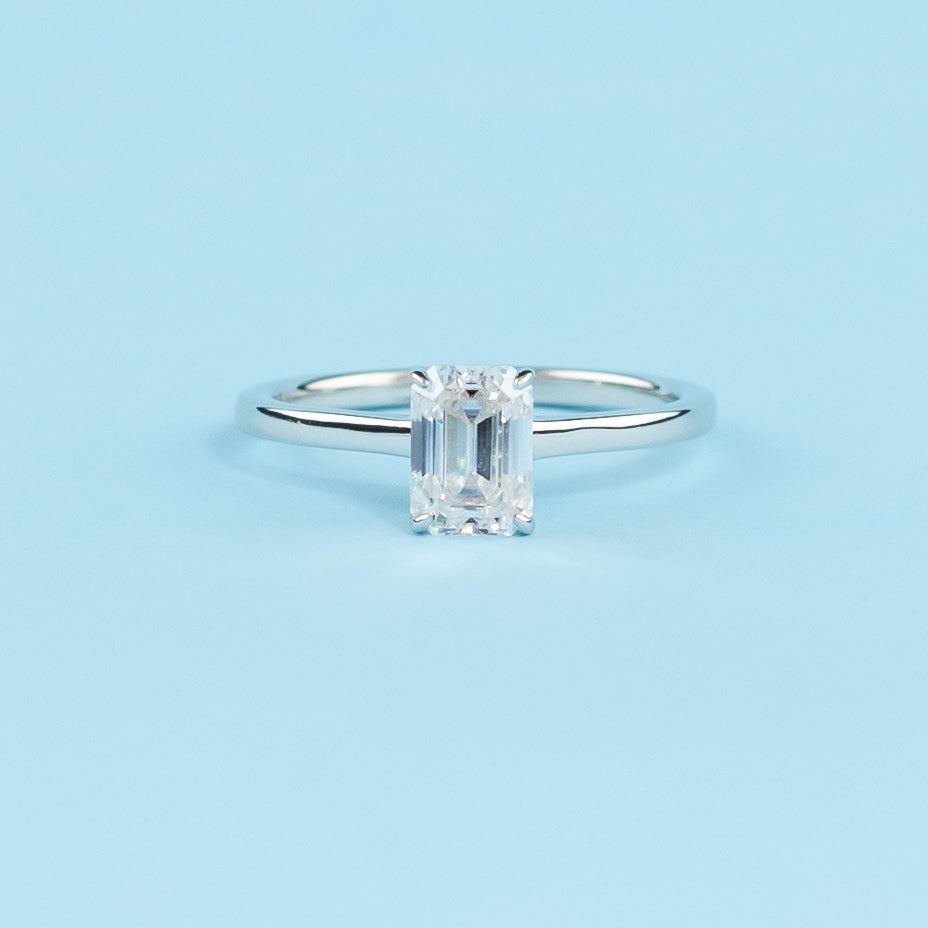 Hidden Halo Emerald Cut Moissanite Engagement Ring Set in 9ct White Gold