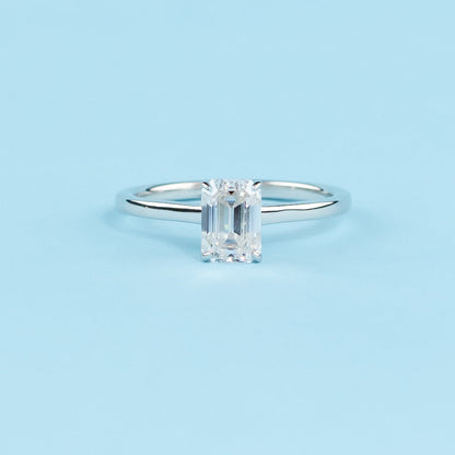Hidden Halo Emerald Cut Moissanite Engagement Ring Set in 9ct White Gold