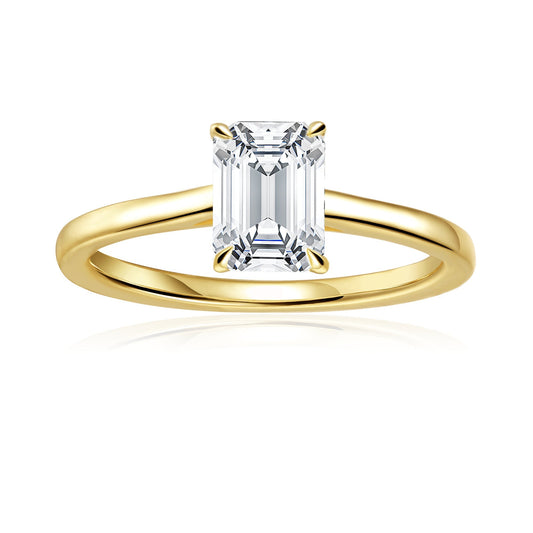 Hidden Halo Emerald Cut Moissanite Engagement Ring Set in 9ct Yellow Gold