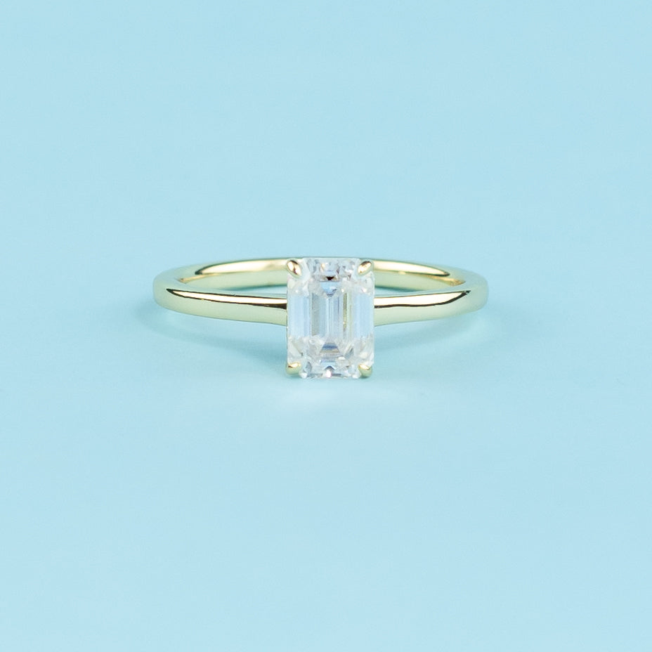 Hidden Halo Emerald Cut Moissanite Engagement Ring Set in 9ct Yellow Gold