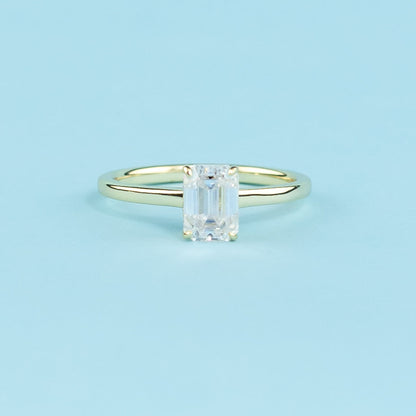 Hidden Halo Emerald Cut Moissanite Engagement Ring Set in 9ct Yellow Gold