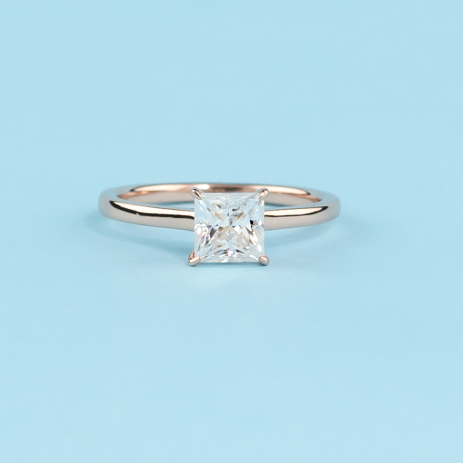 Hidden Halo Princess Cut Moissanite Engagement Ring Set in 9ct Rose Gold