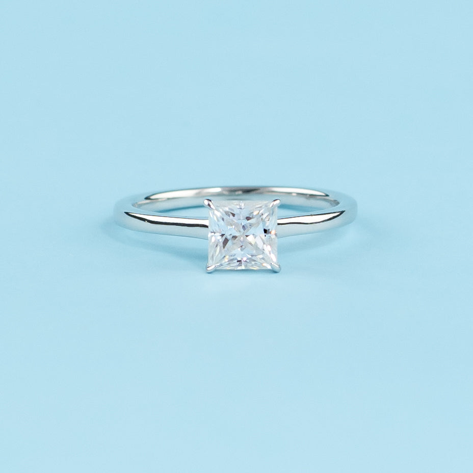 Hidden Halo Princess Cut Moissanite Engagement Ring Set in 9ct White Gold