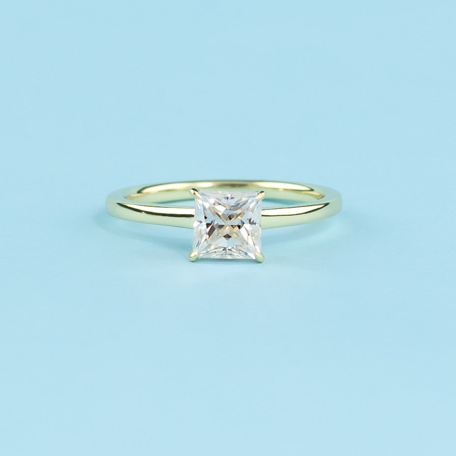 Hidden Halo Princess Cut Moissanite Engagement Ring Set in 9ct Yellow Gold