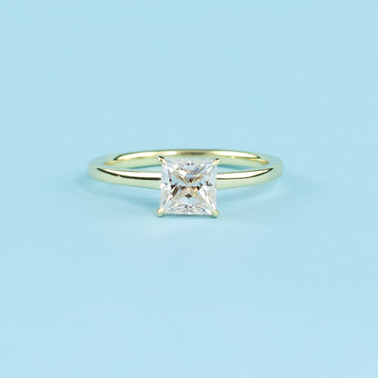 Hidden Halo Princess Cut Moissanite Engagement Ring Set in 9ct Yellow Gold