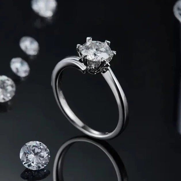 Snowflake Solitaire 6 Claws 1.00ct Moissanite Engagement Ring Set in Sterling Silver