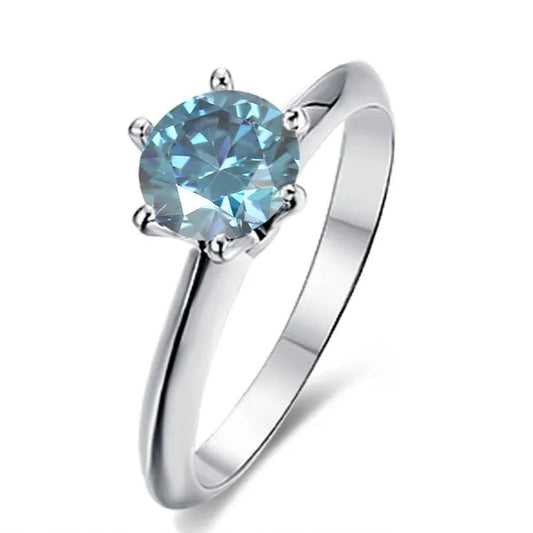 Solitaire Tiffany 6 Claw Setting 1.00ct Blue Moissanite Engagement Ring Set in Sterling Silver