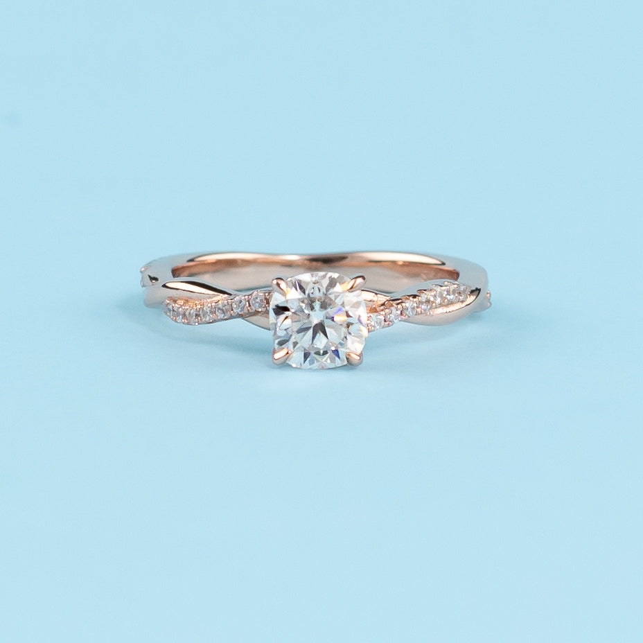 Spiral Cushion Cut Moissanite Engagement Ring Set in 9ct Rose Gold