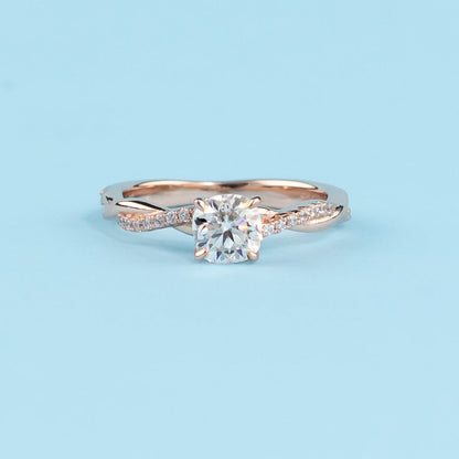 Spiral Cushion Cut Moissanite Engagement Ring Set in 9ct Rose Gold